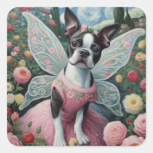 Sticker Carré Boston Terrier Fairy in the Flower Garden