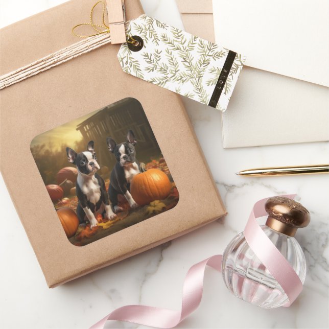 Sticker Carré Boston Terrier Puppy Automne Citrouille de plaisir (Cadeaux)