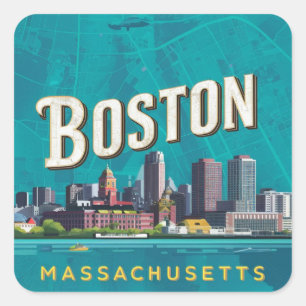 Sticker Carré Boston, vue panoramique de la ville avec carte
