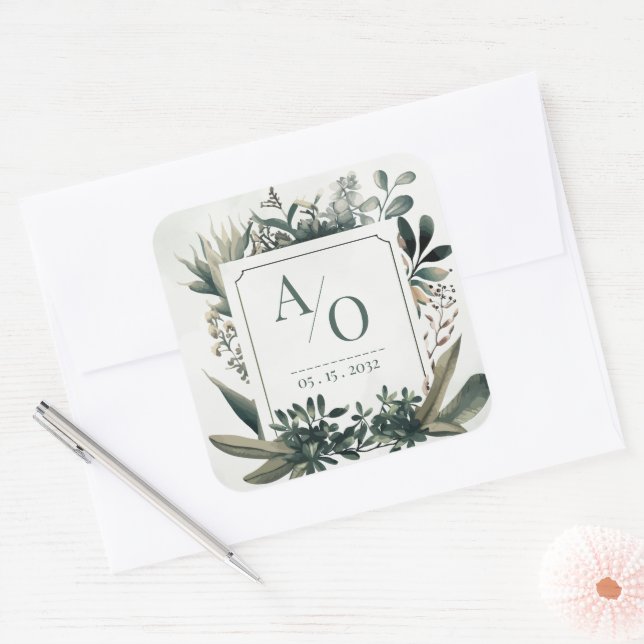 Sticker Carré Botanical Greenery Wedding Monogram  (Enveloppe)