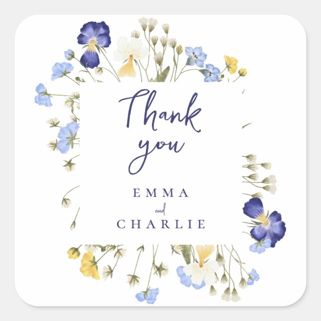 Sticker Carré Botanique bleu Boho Fleur sauvage Rustique mariage (Devant)