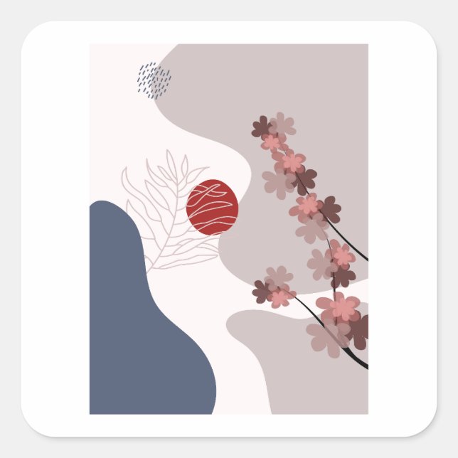 Sticker Carré Botanique Boho Blue Magenta (Devant)