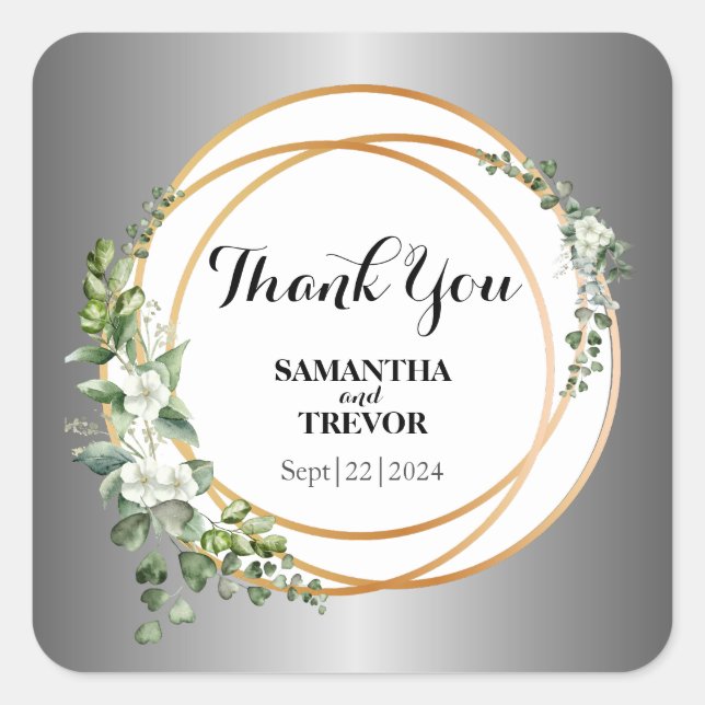 Sticker Carré Botanique dorée en argent : Merci (Devant)