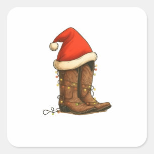 Sticker Carré Botte Cowboy Noël Occidental Santa Hat