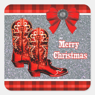 Sticker Carré Botte Western Red Cowboy Et Vacances Plaid