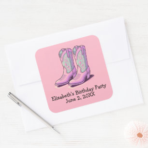 Sticker Carré Bottes de fille rose fête d'anniversaire Western G