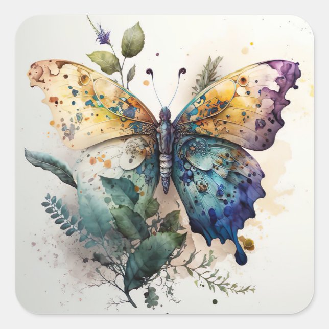 Sticker Carré Bouclier d'aquarelle papillon (Devant)