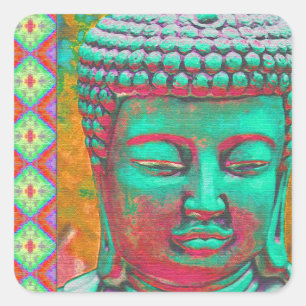 Sticker Carré Bouddha Pop avec des bordures en Patchwork en bleu