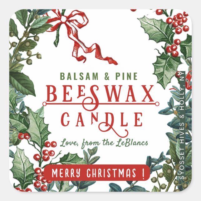 Sticker Carré Bougie de Noël avec frontière Holly & Berry (Devant)