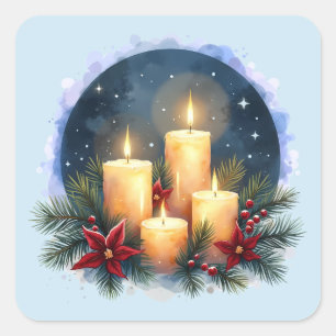 Sticker Carré Bougie de Noël avec Poinsettias