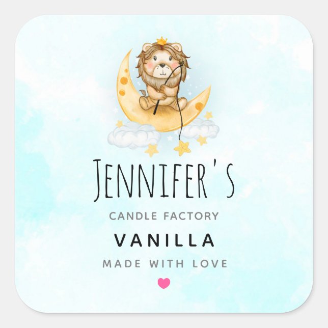 Sticker Carré Bougie de savon Cute Lion Fishing Watercolor (Devant)