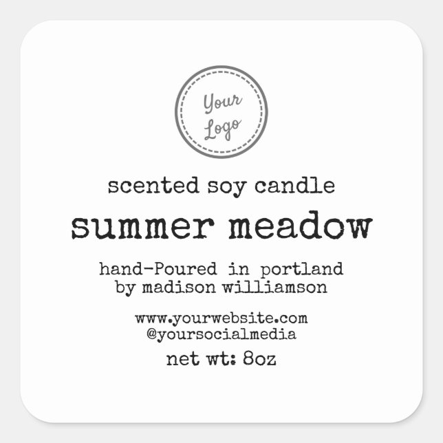 Sticker Carré Bougie Soy | Texte de la machine à écrire |Ajouter (Devant)