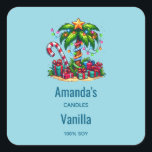 Sticker Carré Bougie Tropical Christmas Palm Tree Business<br><div class="desc">Bougie,  savon,  autocollants de cuisine ou autre produit artisanal avec une image de vacances saisonnière. Un palmier tropical orné de lumières festives surmonté d'une étoile. Un sucre de canne géant rouge et blanc qui sort du sable. Cadeaux de Noël sous l'arbre. Whimsical et amusant.</div>