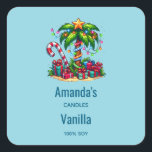Sticker Carré Bougie Tropical Christmas Palm Tree Business<br><div class="desc">Bougie,  savon,  autocollants de cuisine ou autre produit artisanal avec une image de vacances saisonnière. Un palmier tropical orné de lumières festives surmonté d'une étoile. Un sucre de canne géant rouge et blanc qui sort du sable. Cadeaux de Noël sous l'arbre. Whimsical et amusant.</div>
