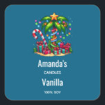 Sticker Carré Bougie Tropical Christmas Palm Tree Business<br><div class="desc">Bougie,  savon,  autocollants de cuisine ou autre produit artisanal avec une image de vacances saisonnière. Un palmier tropical orné de lumières festives surmonté d'une étoile. Un sucre de canne géant rouge et blanc qui sort du sable. Cadeaux de Noël sous l'arbre. Whimsical et amusant.</div>
