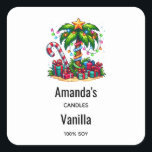 Sticker Carré Bougie Tropical Christmas Palm Tree Business<br><div class="desc">Bougie,  savon,  autocollants de cuisine ou autre produit artisanal avec une image de vacances saisonnière. Un palmier tropical orné de lumières festives surmonté d'une étoile. Un sucre de canne géant rouge et blanc qui sort du sable. Cadeaux de Noël sous l'arbre. Whimsical et amusant.</div>