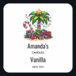 Sticker Carré Bougie Tropical Christmas Palm Tree Business<br><div class="desc">Bougie,  savon,  autocollants de cuisine ou autre produit artisanal avec une image de vacances saisonnière. Un palmier tropical orné de lumières festives surmonté d'une étoile. Un sucre de canne géant rouge et blanc qui sort du sable. Cadeaux de Noël sous l'arbre. Whimsical et amusant.</div>