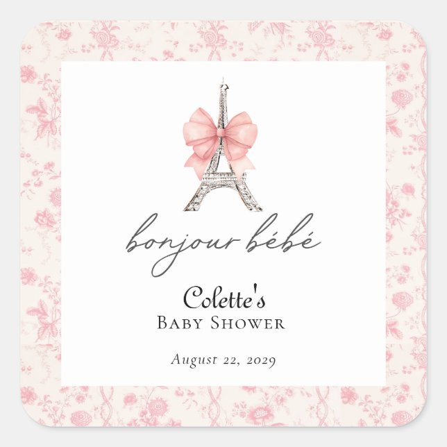 Sticker Carré Boujour Bebe Paris Toile Baby shower rose (Devant)