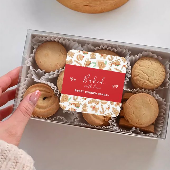 Sticker Carré Boulangerie au four Amour Pain d'épices Vacances (Baked with Love Bakery Gingerbread Holiday Square Sticker)