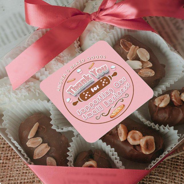 Sticker Carré Boulangerie Brown rose pâle Commerce Merci personn (Créateur téléchargé)