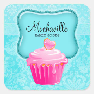 Sticker Carré Boulangerie Cupcake Vintage Damask Aqua