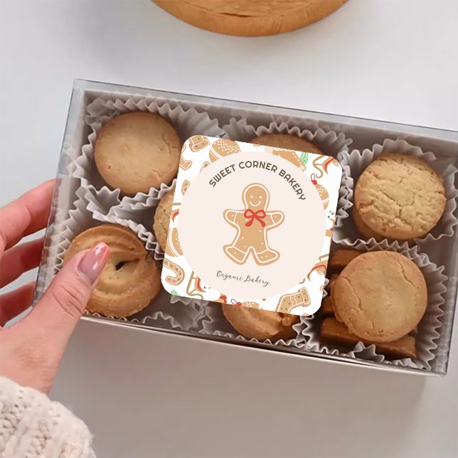 Sticker Carré Boulangerie de Noël Fête Promo (Holiday Gingerbread Bakery Xmas Promo Square Sticker)