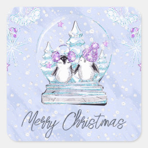 Sticker Carré Boule à neige avec amis manchots hiver mignon aqua