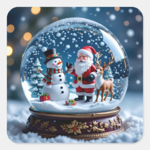 Sticker Carré Boule à neige avec le Père Noël et Renne