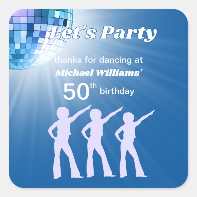 Sticker Carré Boule de Disco Groovy Bleu 50e Anniversaire (Devant)