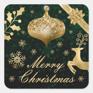 Sticker Carré Boule de Noël en papier d'aluminium doré et ruban