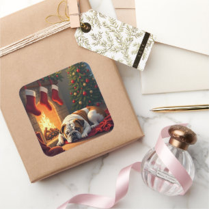 Sticker Carré Bouledogue au tableau de Noël près de la cheminée