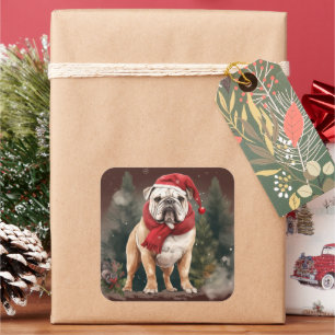 Sticker Carré Bouledogue dans la neige de Noël
