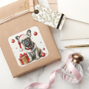 Sticker Carré Bouledogue français en costume de Père Noël avec b