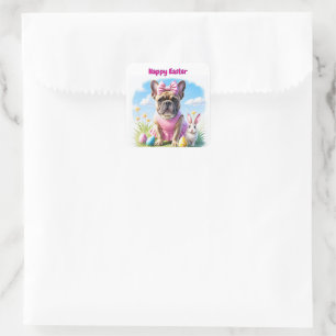 Sticker Carré Bouledogue français Joyeuses Pâques Bouledogue Fra