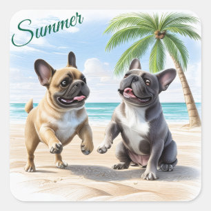 Sticker Carré Bouledogues français plage Bouledogue français