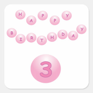 Sticker Carré Boules d'anniversaire rose âge 3