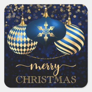 Sticker Carré Boules de Noël élégantes bleu royal et or Joyeux N
