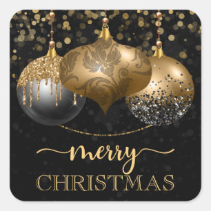 Sticker Carré Boules de Noël Élégantes Noir et Or Joyeux Noël