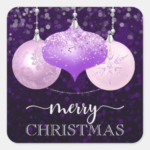 Sticker Carré Boules de Noël Élégantes Violet et Rose Joyeux Noë