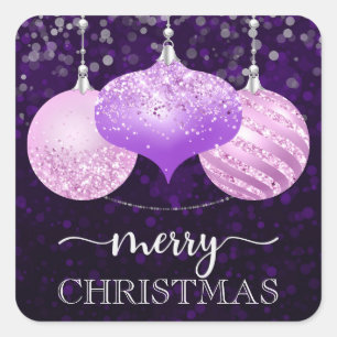 Sticker Carré Boules de Noël élégantes violettes et roses Joyeux
