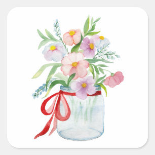Sticker Carré Bouquet d'aquarelle de fleurs dans un vase avec un