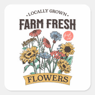 Sticker Carré Bouquet de fleurs coupées fraîches de ferme vintag
