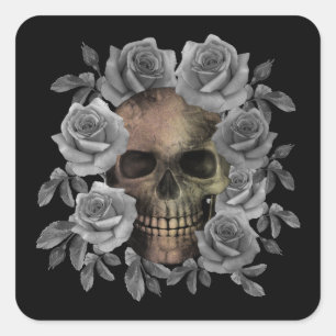 STICKER CARRÉ BOUQUET DE FLEURS CRÂNE NOIR ET BLANC