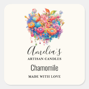 Sticker Carré Bouquet de fleurs Orange & Blue Boho Bougie Busine