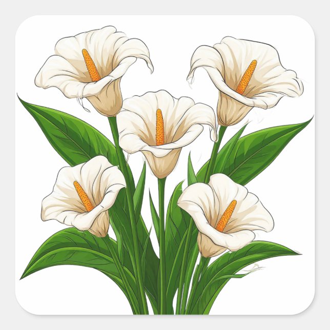 Sticker Carré Bouquet de lys calla blancs avec des feuilles vert (Devant)