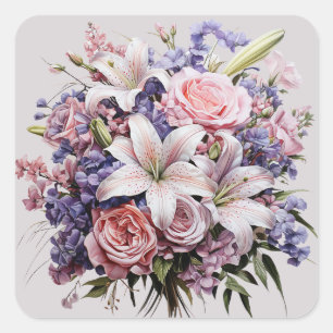 Sticker Carré Bouquet de Mariage Blanc Rose Violet