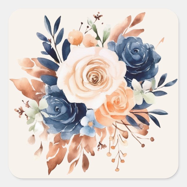 Sticker Carré Bouquet de Mariage Bleu Marine Pêche Cuivre (Devant)