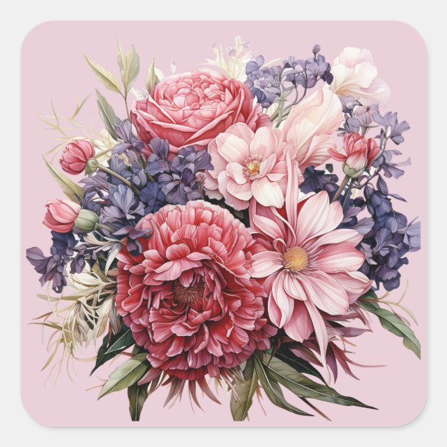 Sticker Carré Bouquet de Mariage Bourgogne Rose Violet (Devant)