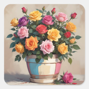 Sticker Carré Bouquet de roses colorées