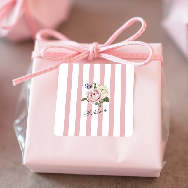 Sticker Carré Bouquet de roses rayées rose-chic du pays Monogram (Créateur téléchargé)
